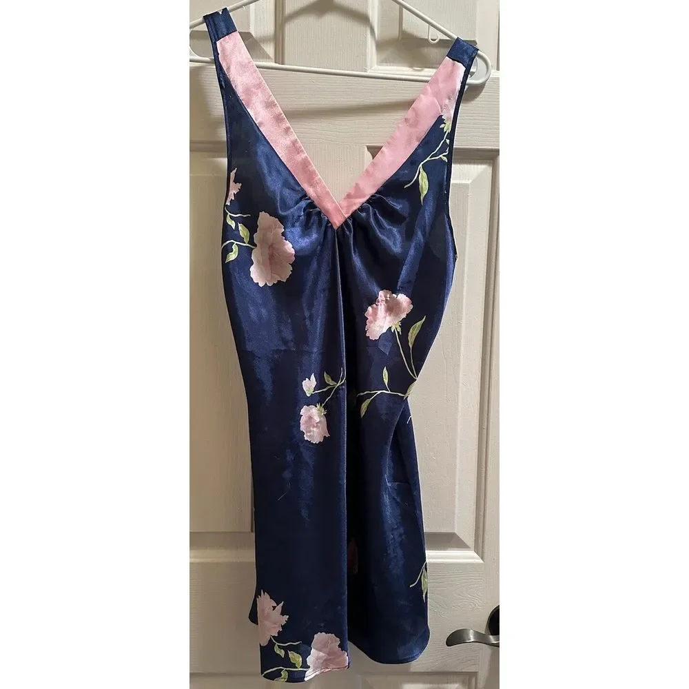 Vintage Jones New York Satin Long And Short Nightgown Lingerie Blue Floral Small